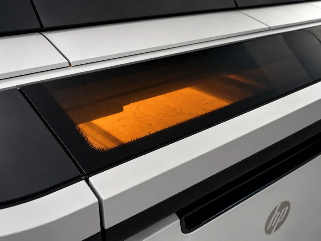 Stampante industriale HP con letto di polvere illuminato durante la produzione
